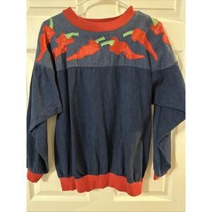 Alfredo's Wife Top Size M Denim With Red Chili Peppers Art To Wear Southwestern